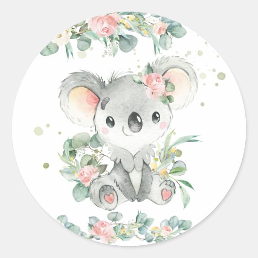 Schattigee Koala Eucalyptus Roze Bloemen Favor Ronde Sticker (Voorkant)