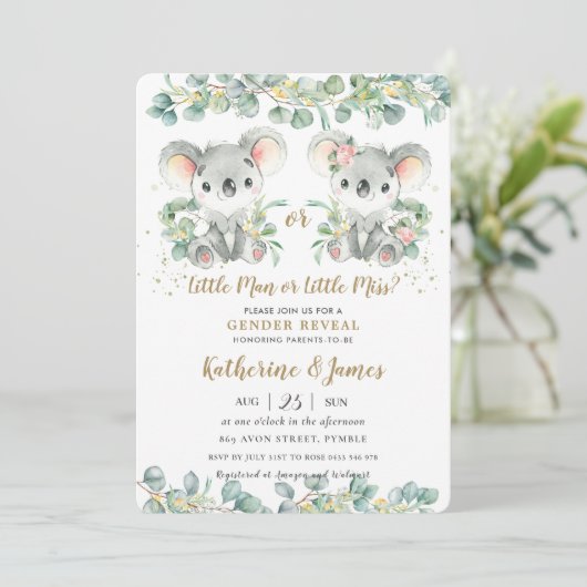 Schattigee Koala Greenery Gender Reveal Baby showe Kaart (Staand voorkant)