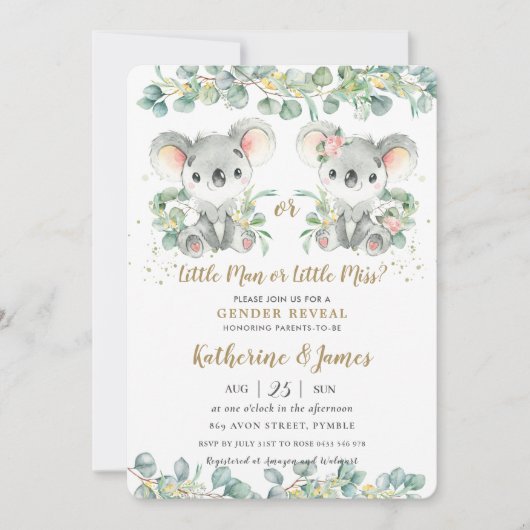 Schattigee Koala Greenery Gender Reveal Baby showe Kaart (Voorkant)
