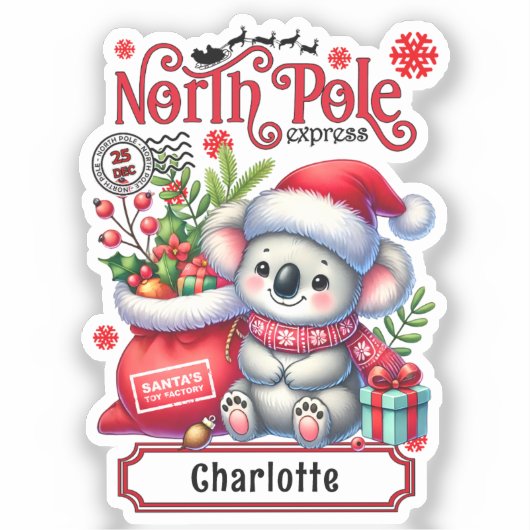 Schattigee Koala Kerstmis gepersonaliseerde naam Sticker (Voorkant)