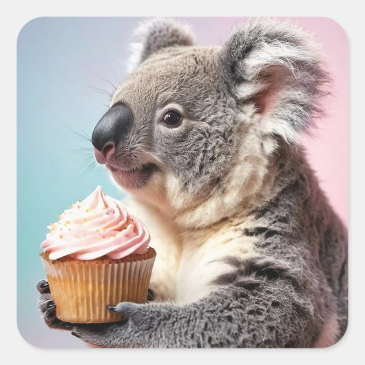 Schattigee koala met cupcake pastelverloop vierkante sticker (Voorkant)