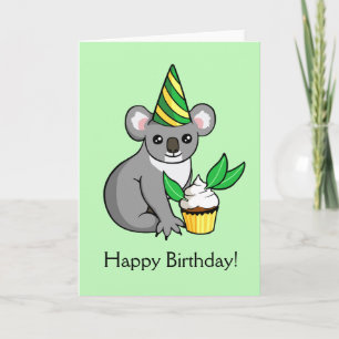 Schattigee Koala met taart Tekenen Happy Birthday Kaart