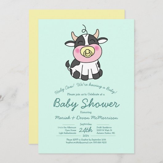 Schattigee Koe Baby shower Kawaii Uitnodiging (Voorkant / Achterkant)