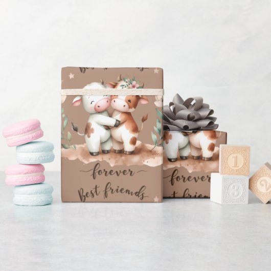 Schattigee Koe Beste Vrienden Knuffel Bloemenkunst Cadeaupapier (Baby Shower)