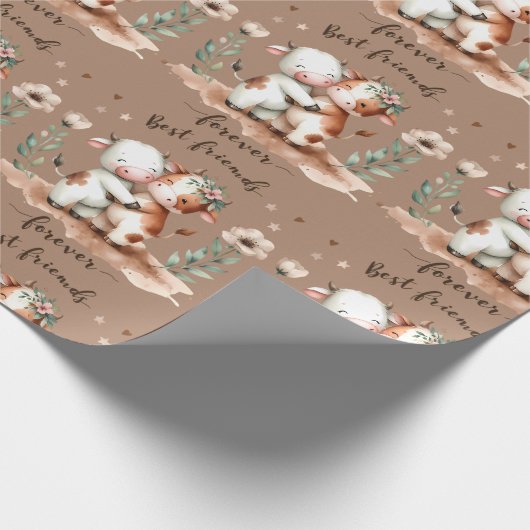 Schattigee Koe Beste Vrienden Knuffel Bloemenkunst Cadeaupapier (Hoek)