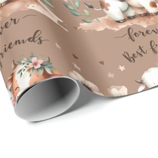 Schattigee Koe Beste Vrienden Knuffel Bloemenkunst Cadeaupapier (Rol Hoek)