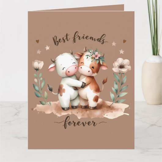 Schattigee Koe Beste Vrienden Knuffel Bloemenkunst Kaart (Voorkant)