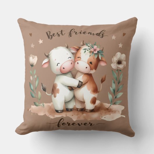 Schattigee Koe Beste Vrienden Knuffel Bloemenkunst Kussen (Voorkant)