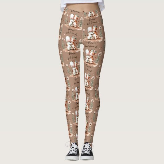 Schattigee Koe Beste Vrienden Knuffel Bloemenkunst Leggings (Voorkant)