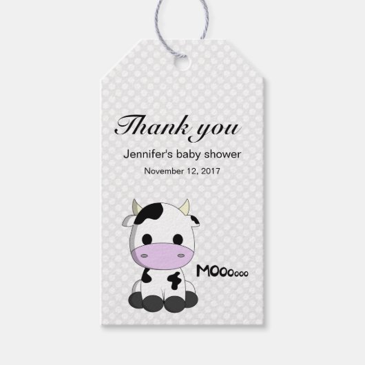 Schattigee koe cartoon polka dots baby shower dank cadeaulabel (Voorkant)