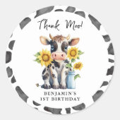 Schattigee Koe Dank Moo Boerderij Dier 1e Verjaard Ronde Sticker (Voorkant)