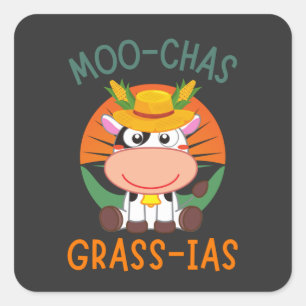 Schattigee Koe Dragen Geel Pet Moo-chas Grass-ias Vierkante Sticker
