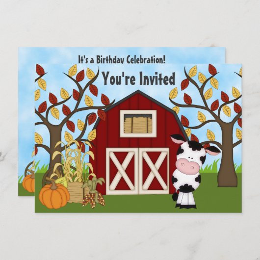 Schattigee Koe en Barn Herfst Verjaardag Uitnodigi Kaart (Voorkant / Achterkant)