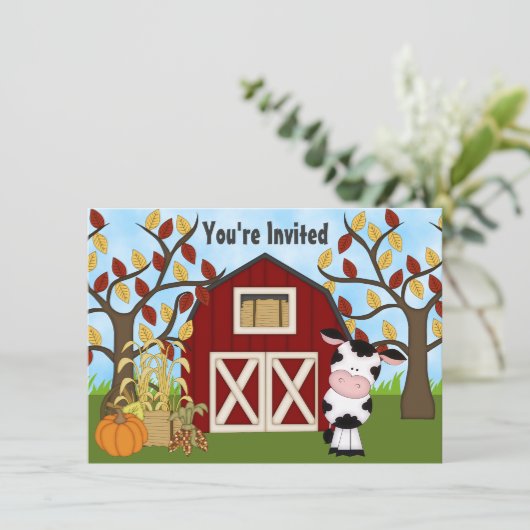 Schattigee Koe en Barn Herfst Verjaardag Uitnodigi Kaart (Staand voorkant)
