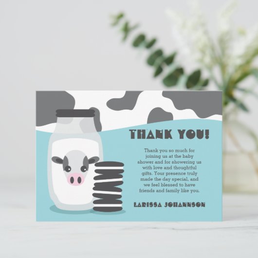 Schattigee Koe en Melk en Cookies Blue Baby shower Bedankkaart (Staand voorkant)