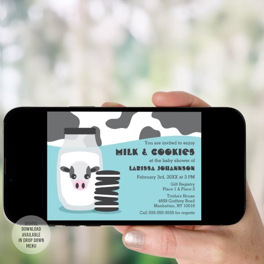 Schattigee Koe en Melk en Cookies Blue Baby shower Kaart