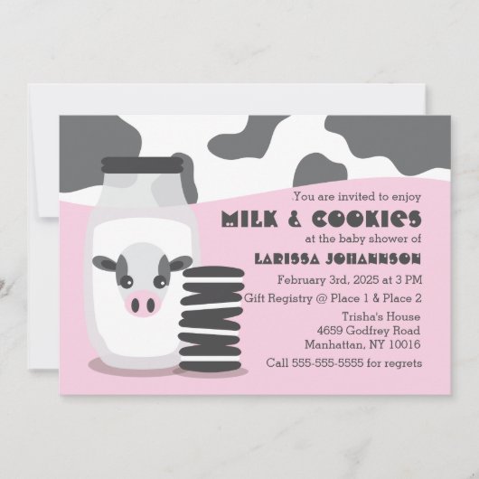 Schattigee Koe en Melk en Cookies Roze Baby shower Kaart (Voorkant)