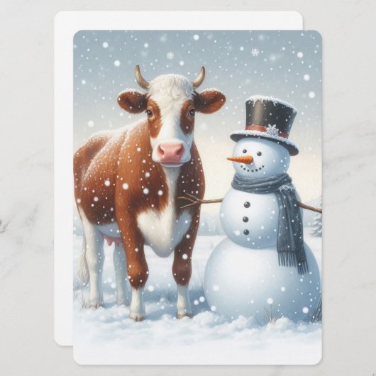 Schattigee koe en sneeuwman in het winterveld feestdagenkaart (Voorkant / Achterkant)