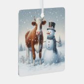 Schattigee koe en sneeuwman in het winterveld metalen ornament (Voorkant Rechts)