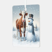Schattigee koe en sneeuwman in het winterveld metalen ornament (Voorkant links)
