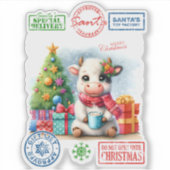 Schattigee Koe genieten van kerst bij de versierde Sticker (Voorkant)