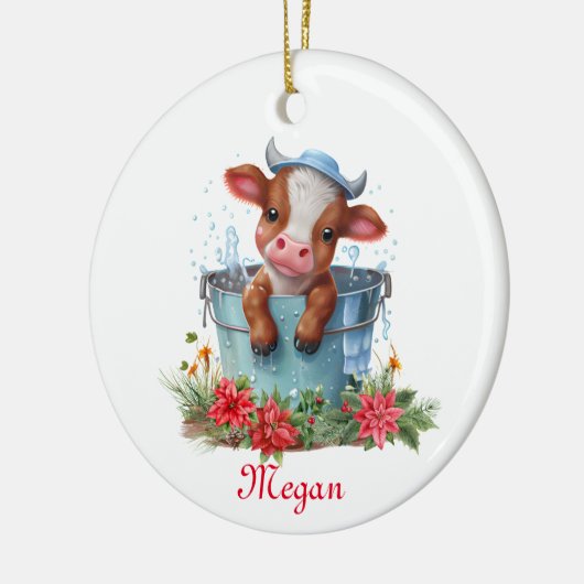 Schattigee Koe in een emmer kerst gepersonaliseerd Keramisch Ornament (Links)