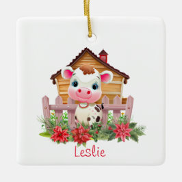 Schattigee Koe in een Schuur Kerst Gepersonaliseer Keramisch Ornament