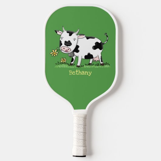 Schattigee koe in groene veld cartoon gepersonalis pickleball paddle (Achterkant)