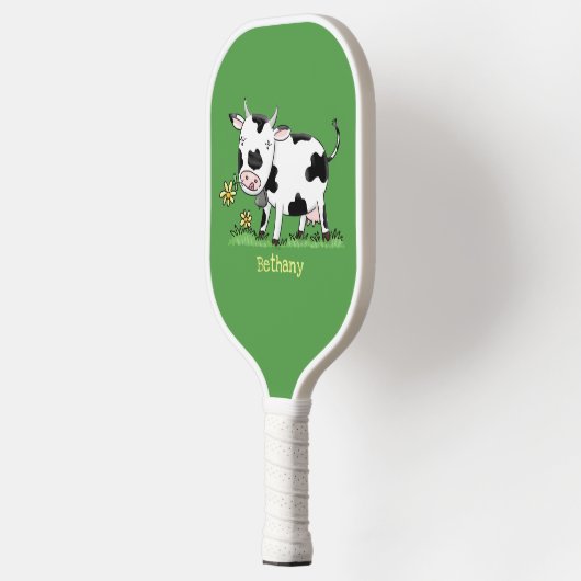 Schattigee koe in groene veld cartoon gepersonalis pickleball paddle (Links)