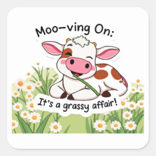 Schattigee Koe in Roze Eetgras Vierkante Sticker