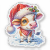 Schattigee Koe in Santa Hat Christmas Sticker (Voorkant)
