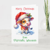 Schattigee Koe in Santa Hat Gepersonaliseerde Kers Feestdagen Kaart (Voorkant)