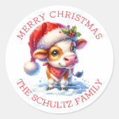 Schattigee Koe in Santa Hat Gepersonaliseerde Kers Ronde Sticker (Voorkant)