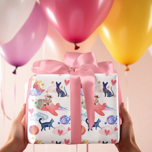 Schattigee Koe in vliegtuig, ruimte, katten, maan, Cadeaupapier