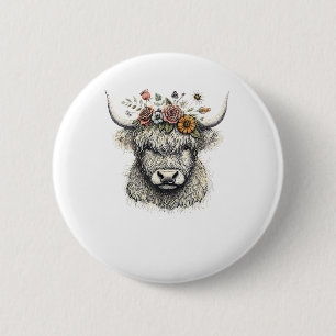 Schattigee Koe Kalverbloemen Hand Illustratie Boer Ronde Button 5,7 Cm