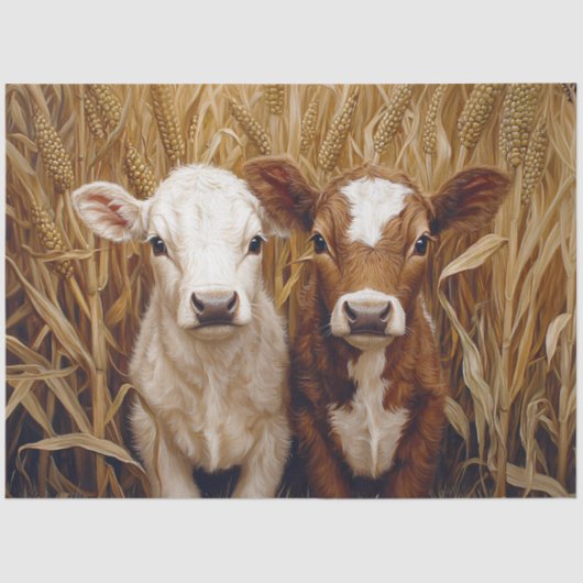 Schattigee Koe Kalveren Maïsveld Decoupage Tissuepapier (Voorkant)