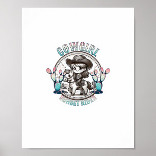 Schattigee Koe Meisje Paardrijden Cowgirl Sunset R Poster