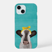 Schattigee Koe met Bow Turquoise Blue iPhone 15 Case (Achterkant)