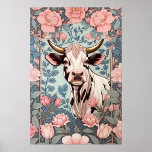 Schattigee Koe met roze bloemenachtergrond Poster