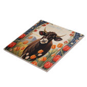 Schattigee Koe met tulpen Tegeltje (Zijkant)