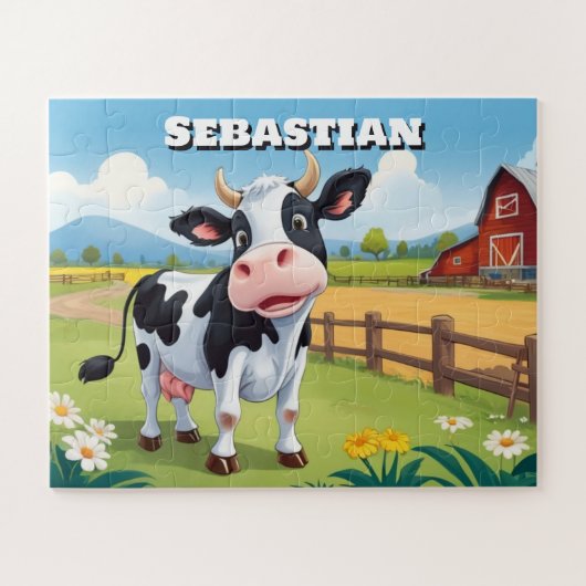 Schattigee Koe op Boerderij Gepersonaliseerde Kind Legpuzzel (Horizontaal)