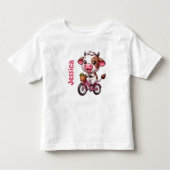 Schattigee Koe Riding Bike met Naam van Kind Kinder Shirts (Voorkant)