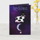 Schattigee Koe springt over de maan Halloween Kaart (Gele Bloem)
