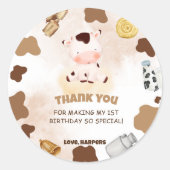 Schattigee Koe Waterverf Verjaardagsfeestje Dank u Ronde Sticker (Voorkant)