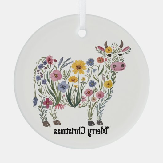 Schattigee Koe, Waterverf Wildflowers, Land, Bloem Glas Ornament (Achterkant)