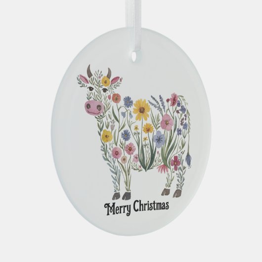 Schattigee Koe, Waterverf Wildflowers, Land, Bloem Glas Ornament (Voorkant Rechts)