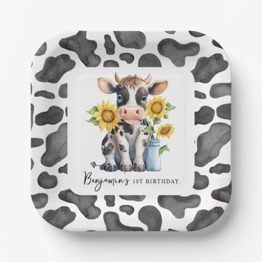 Schattigee Koe Zonnebloem Modern Boerderij Dier 1e Papieren Bordje (Voorkant)