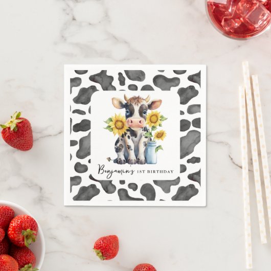 Schattigee Koe Zonnebloem Modern Boerderij Dier 1e Servet (Insitu)