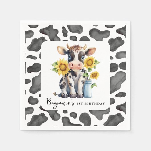 Schattigee Koe Zonnebloem Modern Boerderij Dier 1e Servet (Voorkant)