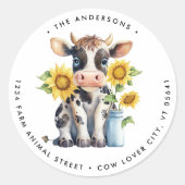 Schattigee Koe Zonnebloemen Boerderij Dierlijk Ret Ronde Sticker (Voorkant)